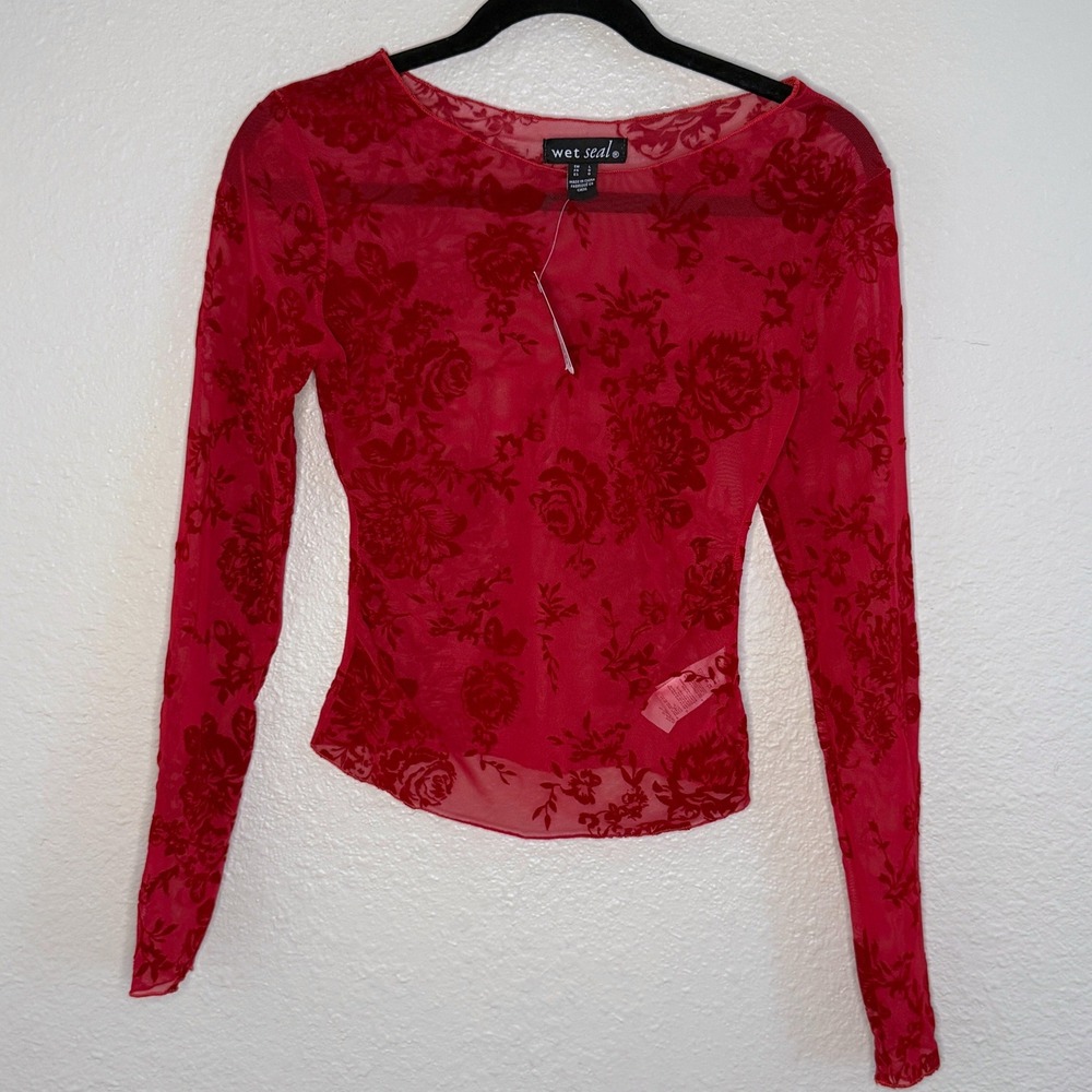 Y2K Vamp Whimsigoth Indie Red Floral Velvet Burnout Sheer Mesh Layer Top Large